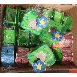BOX OF PIGGY BANKS AND PENCIL HOLDERS