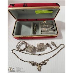 JEWELRY BOX PINK FILLED WITH ESTATE JEWELRY