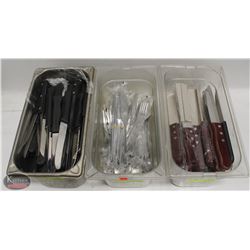 LOT OF 3 INSERTS FULL OF STEAK KNIVES & FORKS