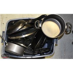 TOTE FULL OF VARIOUS POTS & LARGE PANS, LIDS