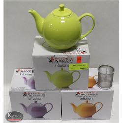 THREE 1.2L CERAMIC TEAPOTS W/ S/S MESH INFUSER
