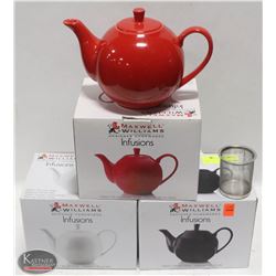 THREE 1.2L CERAMIC TEAPOTS W/ S/S MESH INFUSER