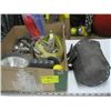 Image 1 : BOX OF MISC. RATCHET TIE DOWN STRAPS, TRAILER BALLS, KNEE PADS, ETC.
