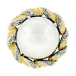 Vintage Handmade 18kt Two Tone Gold Mabe Pearl & 0.25 ctw Diamond Ring