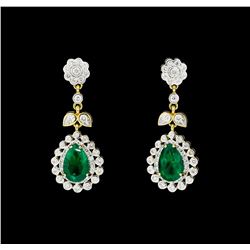 6.05 ctw Pear Brilliant Emerald And Round Brilliant Cut Diamond Earrings - 18KT