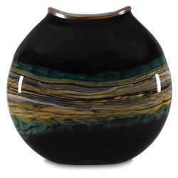 "Black Opal Flat Vessel" Hand-Blown Glass Bowl Sculpture, Hand Signed by Gartner