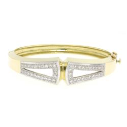 Estate 14K Solid Two Tone Gold Hinged Open Bangle Bracelet with Pave Diamonds