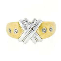 New 14kt Two Tone Gold Burnish Round Diamond Dual Finish "X" Band Ring