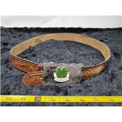 Tooled leather belt, 4H silver tone buckle, 32” long