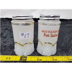Port Senlac milk glass salt and pepper shakers, Button and Arches, circa 1900