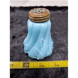 Blue milk glass salt, Leaf swirl, circa 1900