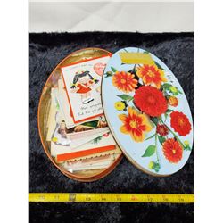 Tin of vintage greeting cards, post cards, valentines