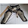 Image 1 : Nice Vintage toy gun holster. Leather belt, riveted with heavy ornate holsters, buckle and keeps.