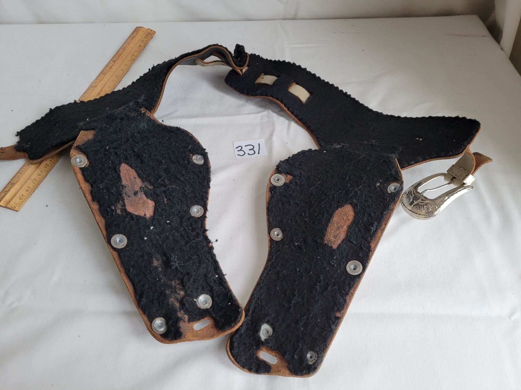 Nice Vintage toy gun holster. Leather belt, riveted with heavy ornate