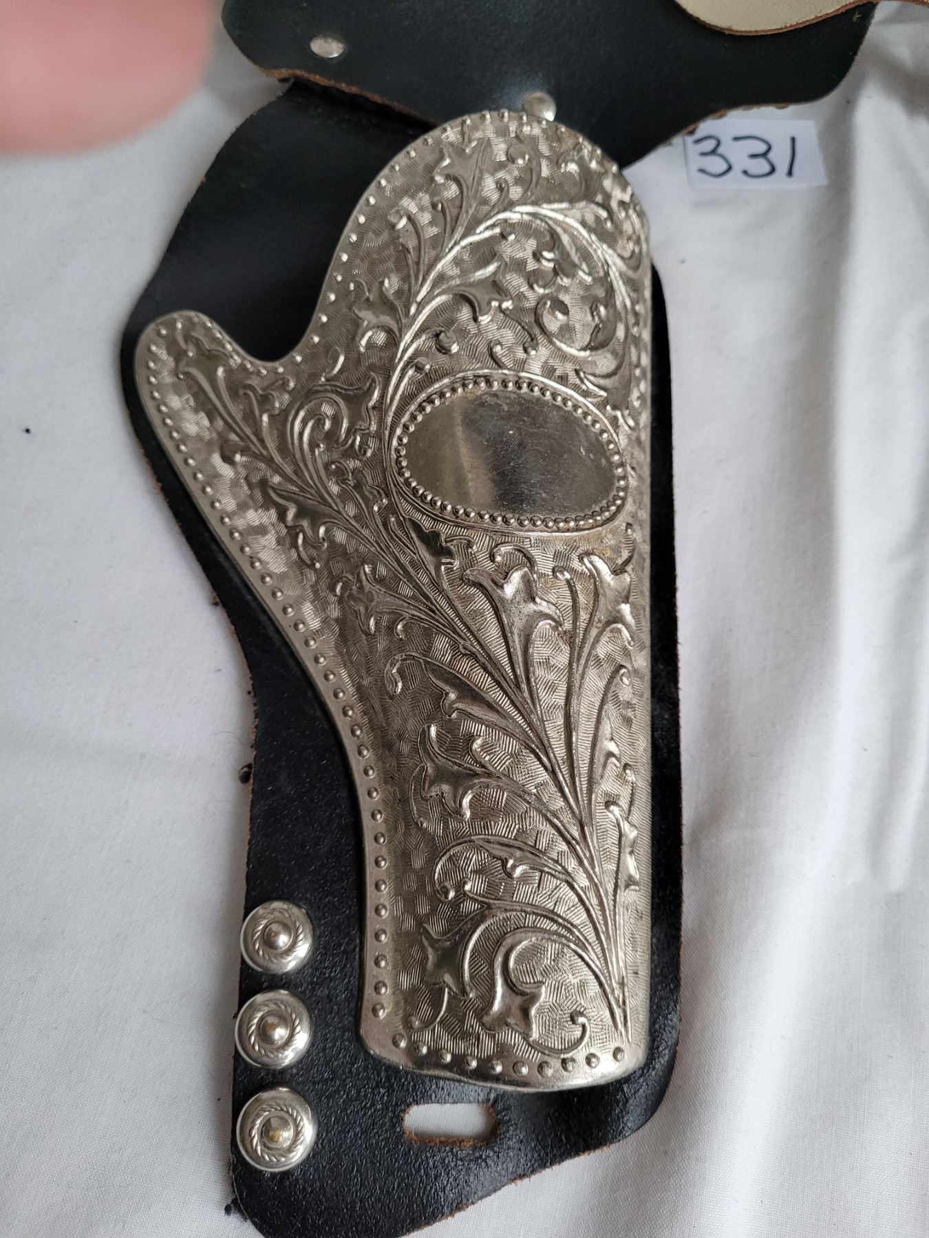 Nice Vintage toy gun holster. Leather belt, riveted with heavy ornate