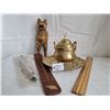 Image 1 : Brass plate and lidded incense burner for cone incense. Wood sitting chinese cat for stick incense.