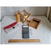 Image 1 : Vintage Texas instruments calculator & desk top assorted wicker and wood items for pencils and paper