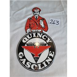Small porcelain Quincy Gasoline sign 8 x 4.25"