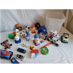 Bucket of various toys