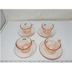 4 depression glass cups & saucers