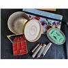 Image 2 : Selection of vintage ladies & men's fragrances. Fuller soap dish, curlers, dusting powder, earring c