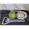 Image 1 : Embossed BC metal emblem and ashtray. Large Saskatchewan River Crossing bottle opener & a Chiquita l