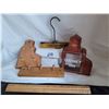 Image 1 : Grain elevator bank and key holder. Old time advertising trouser hanger and 3 peg wall key holder.