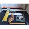 Image 1 : Lot of misc. items. Tent pegs, wall bracket, macrame pot hanger, 2 long shoe horns, sweater pattern 