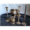 Image 1 : Group of Brass and brass plate. Cauldron (India), candle sticks (one very heavy brass), single rose 