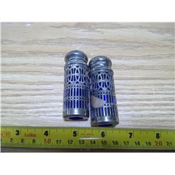 antique cobalt blue glass and silver plated salt & pepper shakers