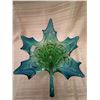 Image 1 : 248.  Glass maple leaf centerpiece, blue& green, engraved “Chalet”, 13” across