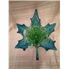 Image 2 : 248.  Glass maple leaf centerpiece, blue& green, engraved “Chalet”, 13” across