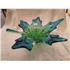 Image 3 : 248.  Glass maple leaf centerpiece, blue& green, engraved “Chalet”, 13” across