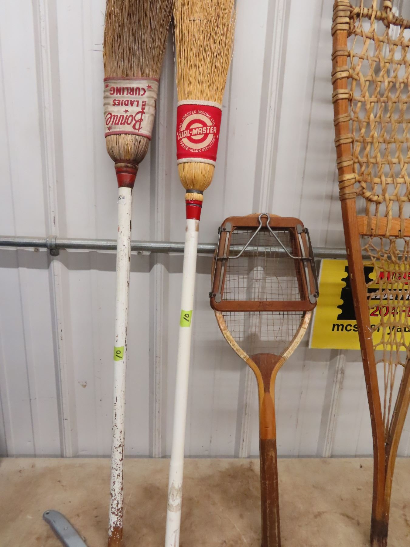 Set of Snowshoes, 2 Curling Brooms, & Tennis Racket Vintage