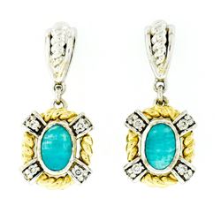 14kt Two Tone Gold Oval Amazonite & 0.16 ctw Diamond Drop Dangle Earrings