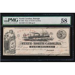 1862 $5 Raleigh NC Obsolete Note PMG 58