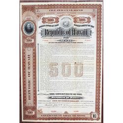 Republic of Hawaii, Government Loan of 1896, Act 71, 1896, $500 "Series E" Historic Specimen Bond.