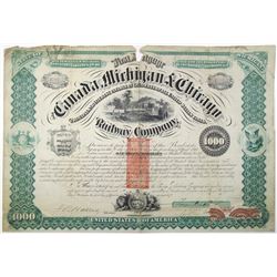 Canada, Michigan & Chicago Railway Co. 1872 I/U Bond With RN-W2 revenue