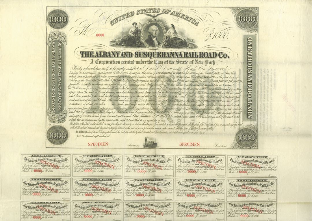 Albany and Susquehanna Railroad Co., 1863 Specimen Bond Rarity Error.