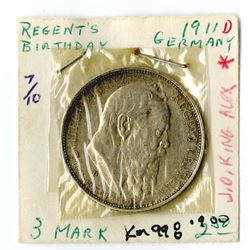 German States, Bavaria, 1911D, 3 Mark, KM# 998, Silver, XF cleaned.