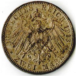 German States, Hamburg, 1913J, 2 Mark, KM# 612, Silver, AU to Choice AU.