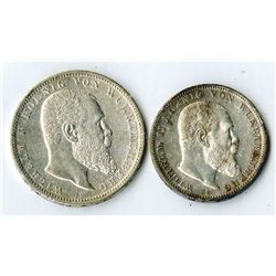 German States, Wuerttemberg, Lot of 2 coins, 1912, 3 Mark, KM# 635 and 1907, 5 Mark, KM# 632, Silver