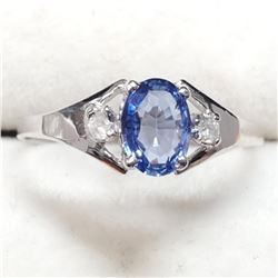 10K White Gold Ceylon Blue Sapphire(0.85ct) Diamond(0.04ct) Clarity(Si2-I1), Color(G-H) Ring (~Size 