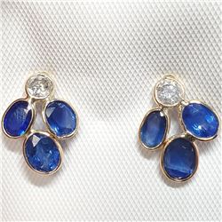 14K Yellow Gold Natural Blue Sapphire(3.3ct) Diamond(0.35ct) Colour(F-G), Clarity (I-3) Earrings (~w