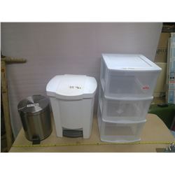 2 Garbage Cans and Plastic Storage Container