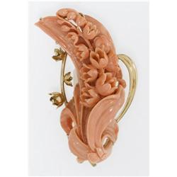 CARVED CORAL 14K GOLD LILY OF THE VALLEY BROOCH