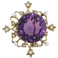 VICTORIAN AMETHYST PEARL 14K GOLD BROOCH