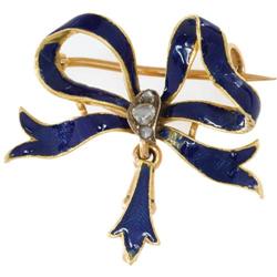 VICTORIAN DIAMOND ENAMEL 18K GOLD BOW BROOCH
