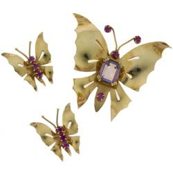 RETRO AMETHYST 14K GOLD BUTTERFLY JEWELRY SUITE