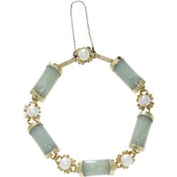 JADE CULTURED PEARL 14K GOLD FLOWER BRACELET